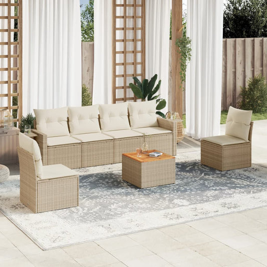 7-delige Loungeset met kussens poly rattan beige