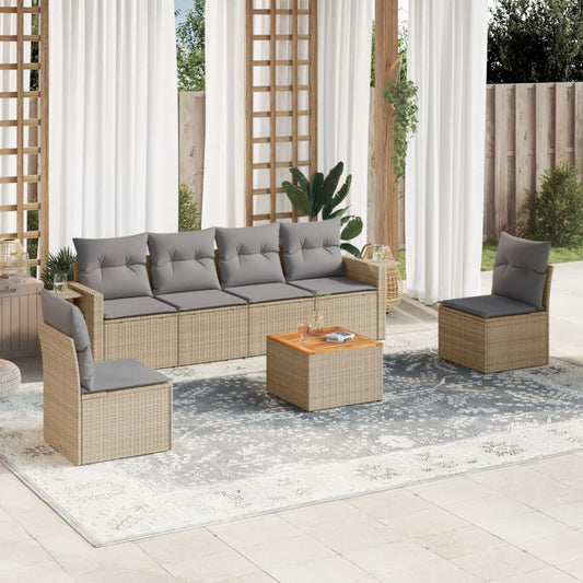 7-delige Loungeset met kussens poly rattan gemengd beige