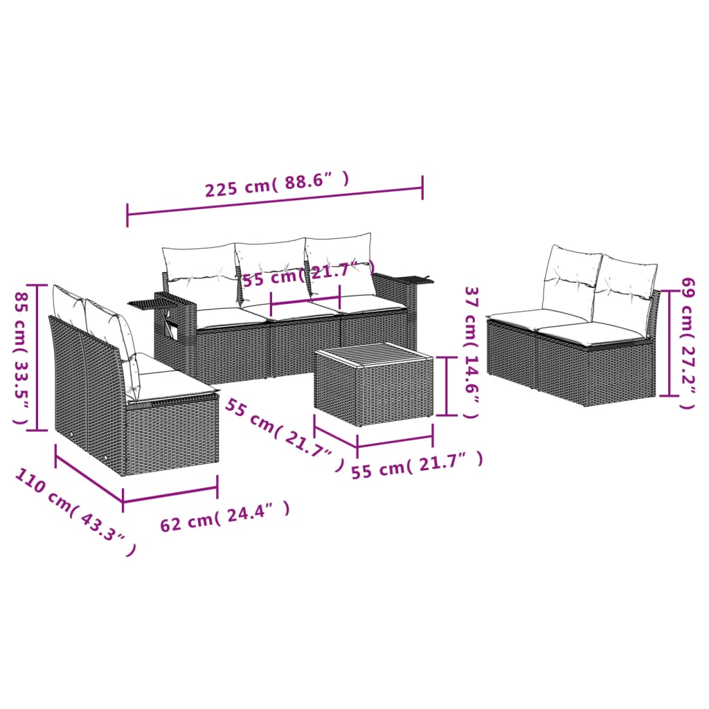 8-delige Loungeset met kussens poly rattan beige