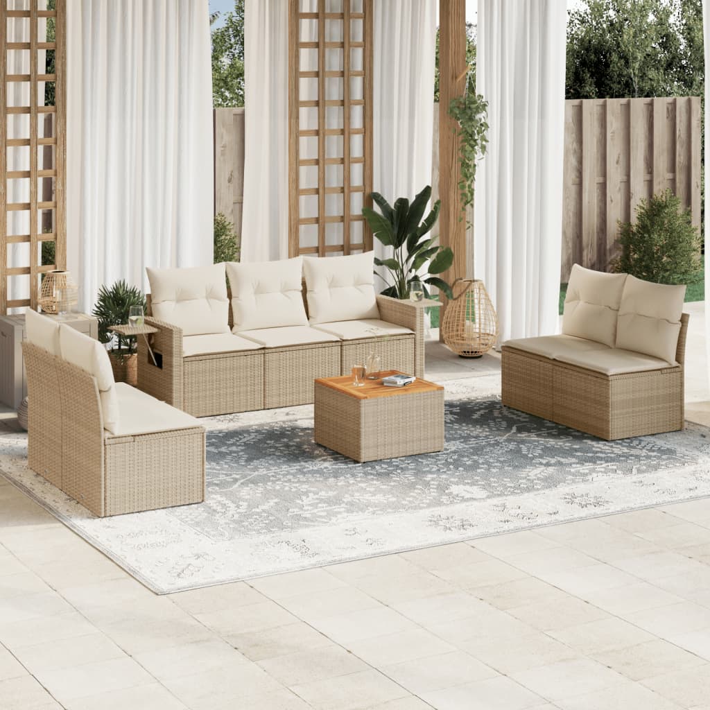 8-delige Loungeset met kussens poly rattan beige