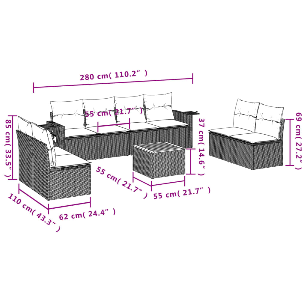 9-delige Loungeset met kussens poly rattan gemengd beige