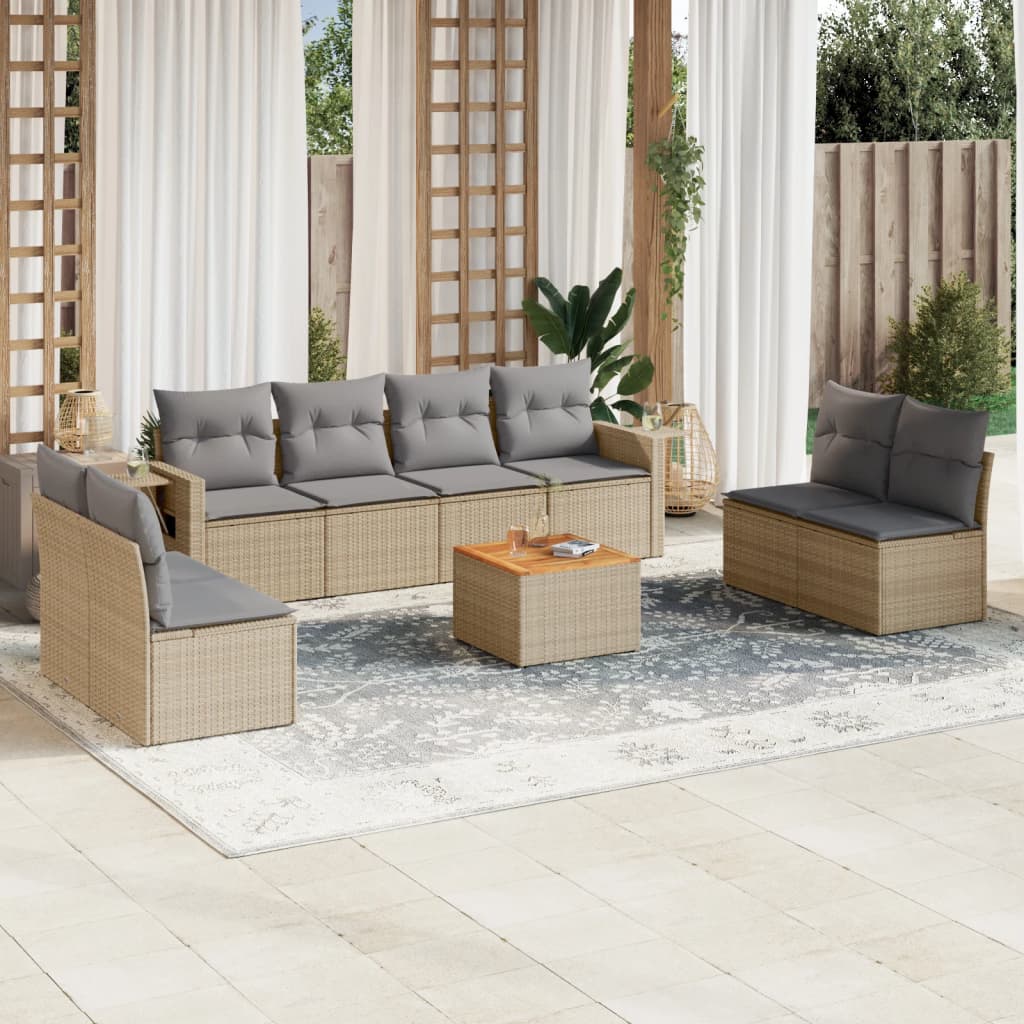 9-delige Loungeset met kussens poly rattan gemengd beige