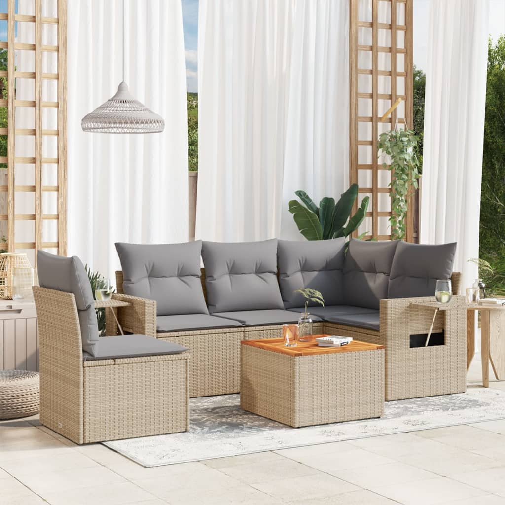 6-delige Loungeset met kussens poly rattan gemengd beige