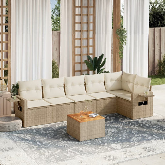 7-delige Loungeset met kussens poly rattan beige