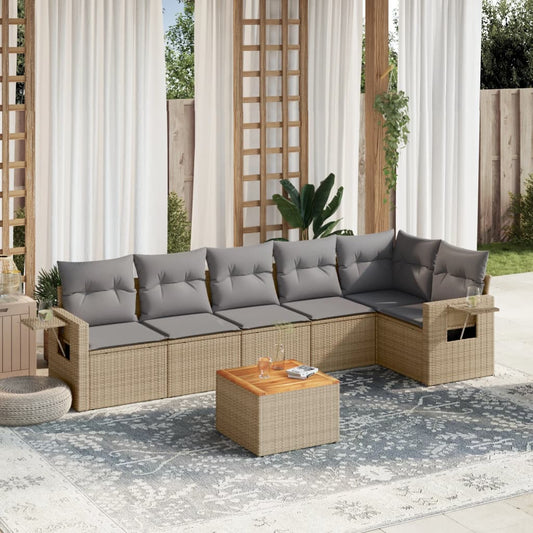 7-delige Loungeset met kussens poly rattan gemengd beige