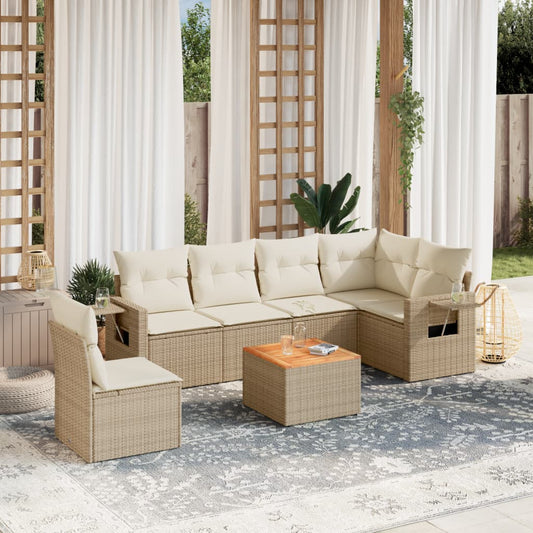 7-delige Loungeset met kussens poly rattan beige