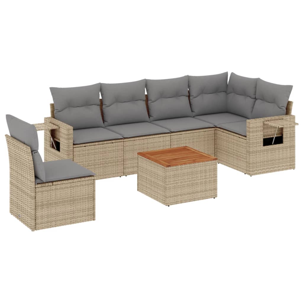 7-delige Loungeset met kussens poly rattan gemengd beige