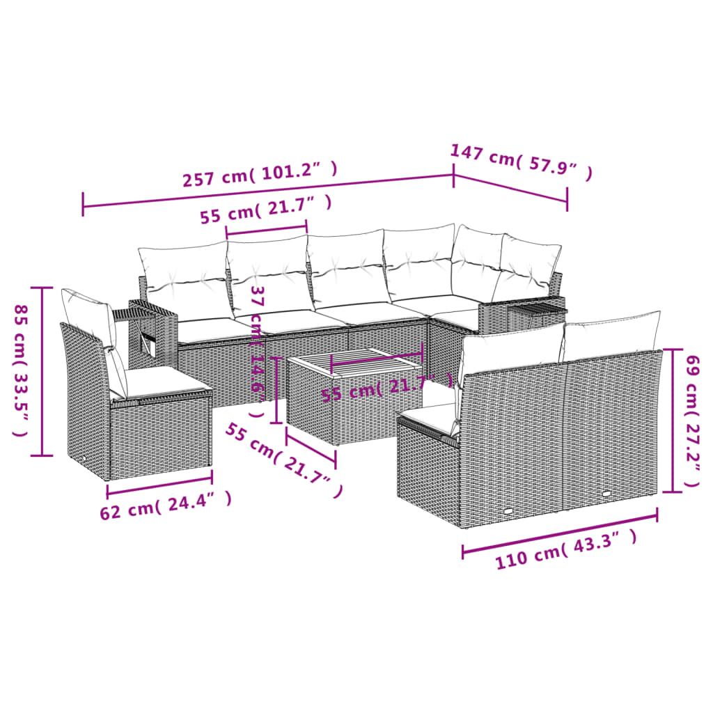 9-delige Loungeset met kussens poly rattan grijs Tuinsets | Creëer jouw Trendy Thuis | Gratis bezorgd & Retour | Trendy.nl