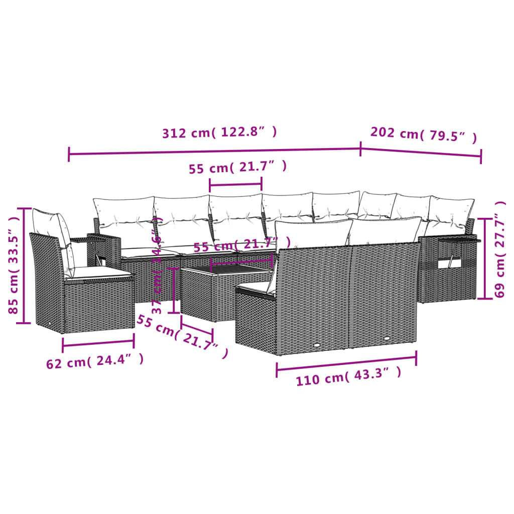 11-delige Loungeset met kussens poly rattan gemengd beige