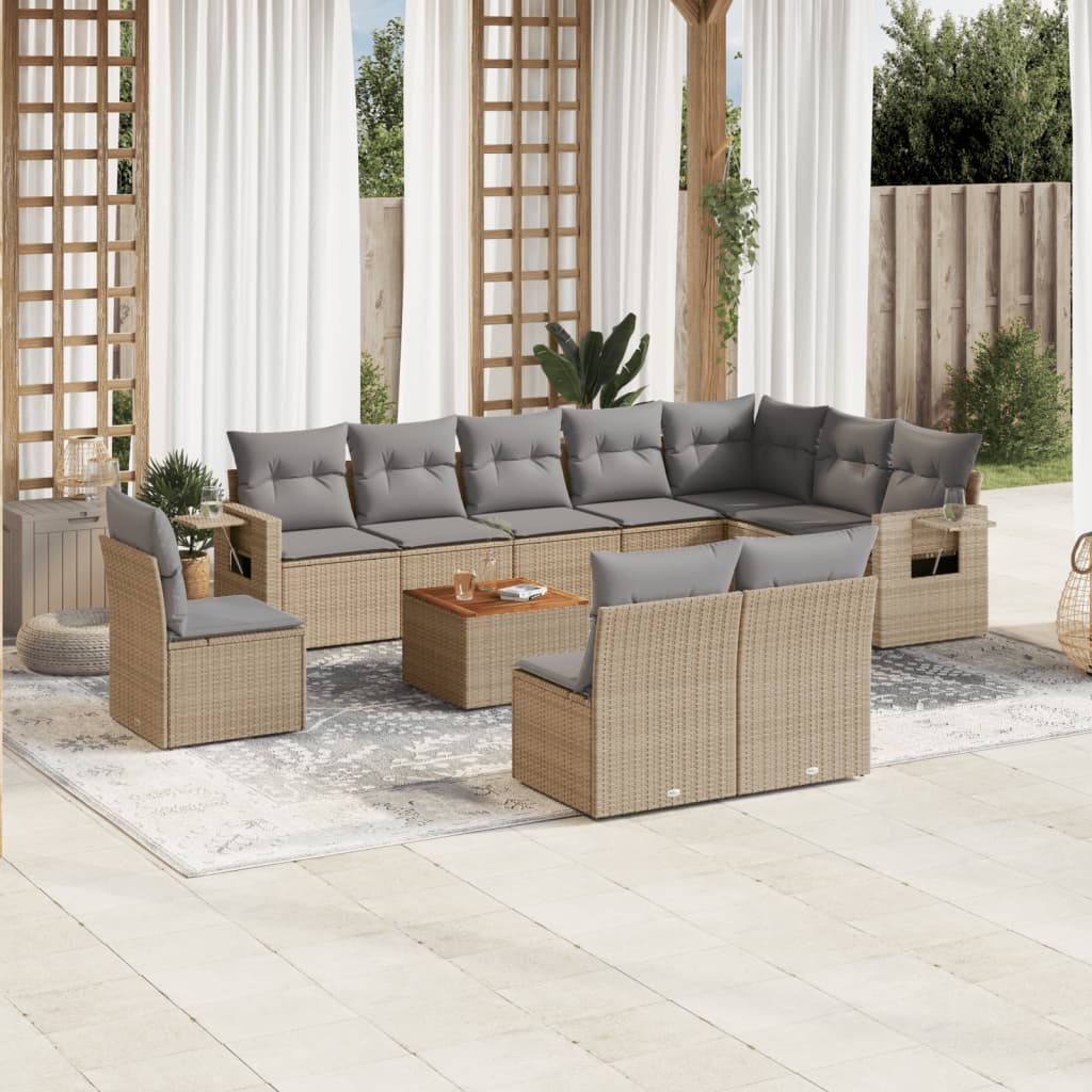 11-delige Loungeset met kussens poly rattan gemengd beige