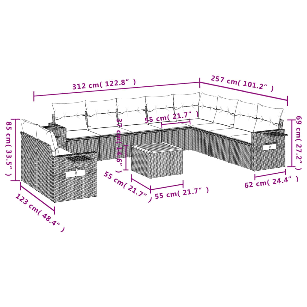 11-delige Loungeset met kussens poly rattan gemengd beige