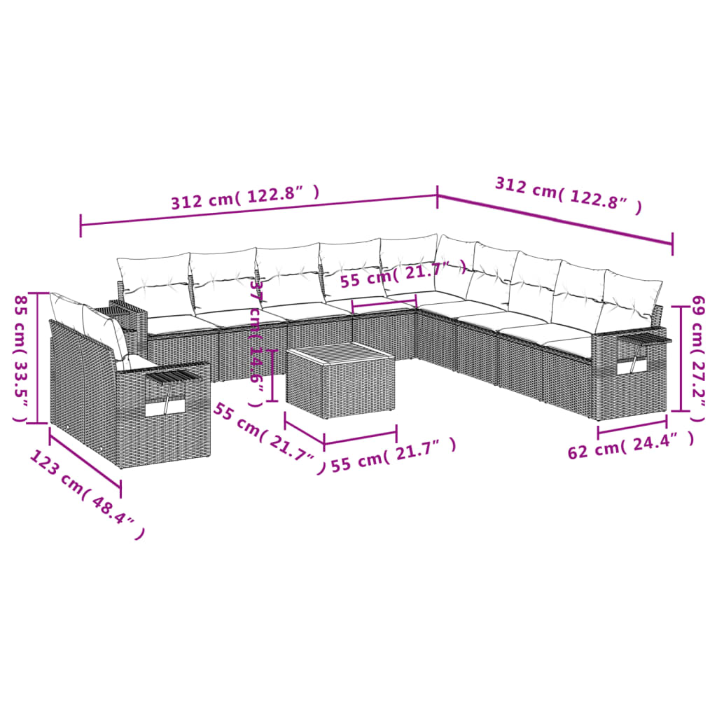 12-delige Loungeset met kussens poly rattan zwart Tuinsets | Creëer jouw Trendy Thuis | Gratis bezorgd & Retour | Trendy.nl