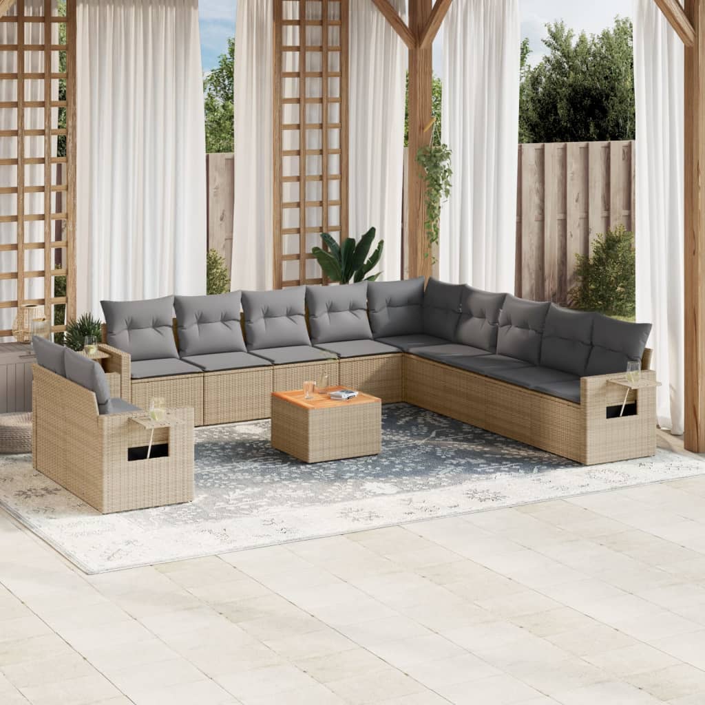 12-delige Loungeset met kussens poly rattan gemengd beige