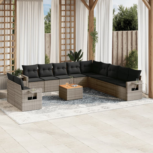 12-delige Loungeset met kussens poly rattan grijs