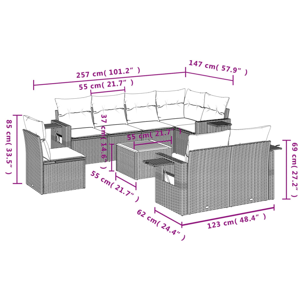 9-delige Loungeset met kussens poly rattan beige