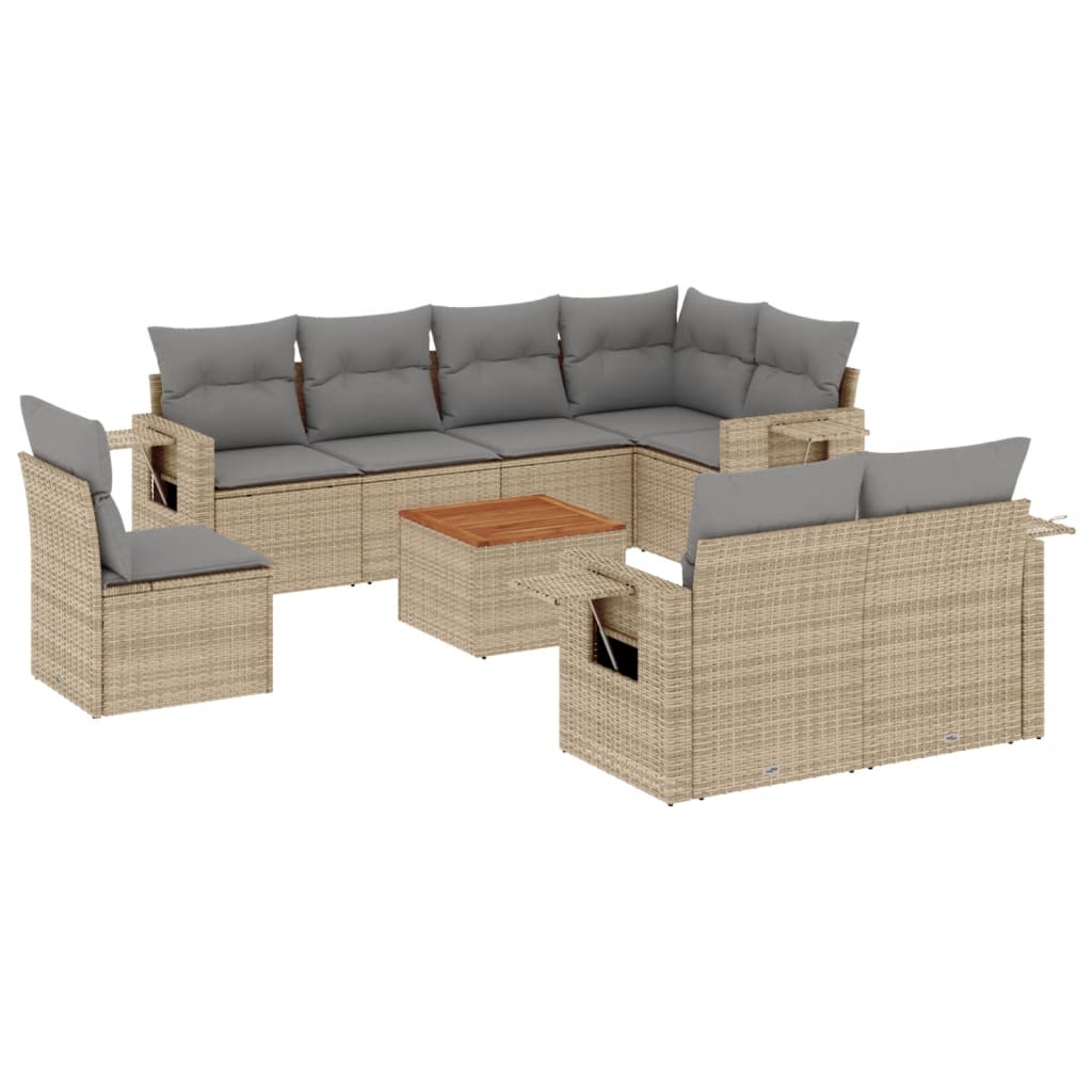 9-delige Loungeset met kussens poly rattan gemengd beige