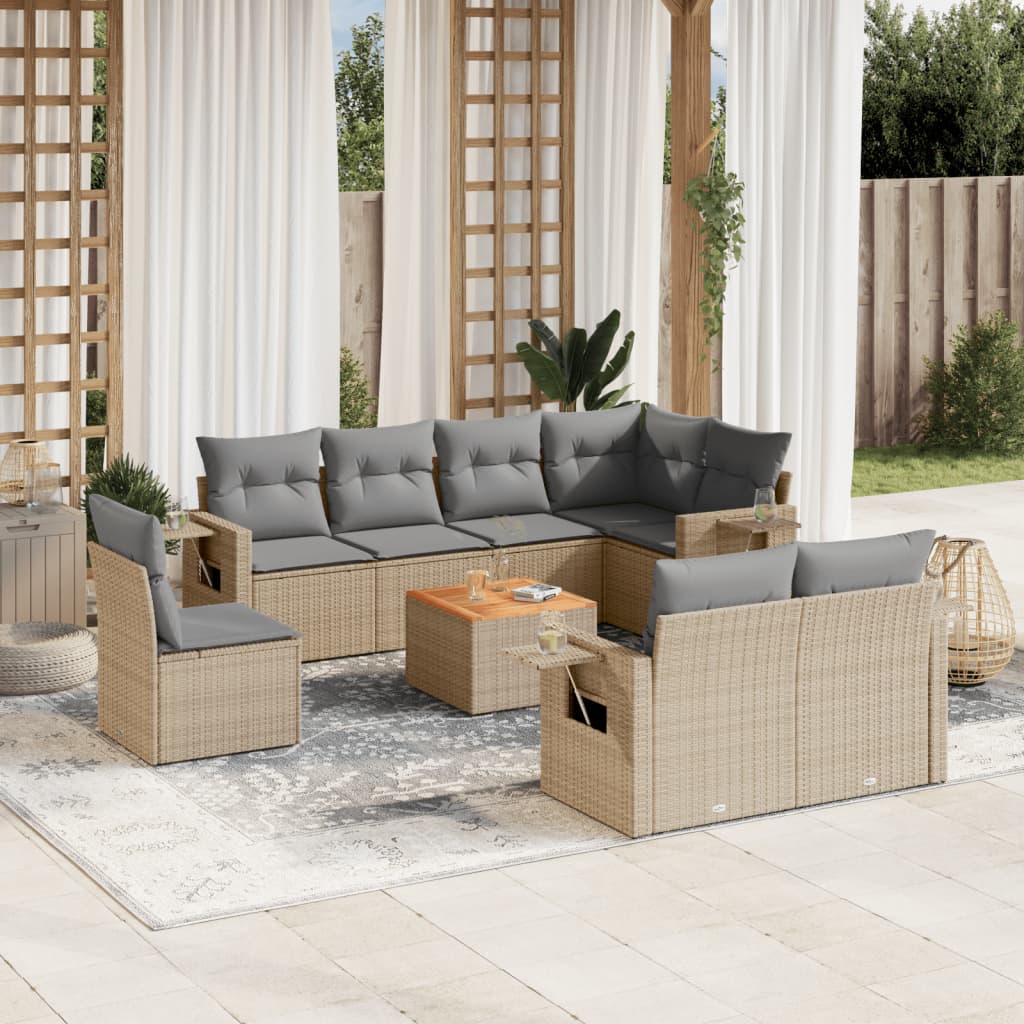 9-delige Loungeset met kussens poly rattan gemengd beige