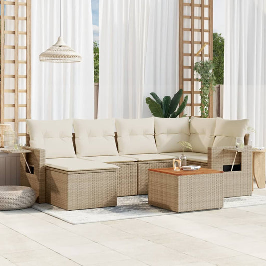 7-delige Loungeset met kussens poly rattan beige