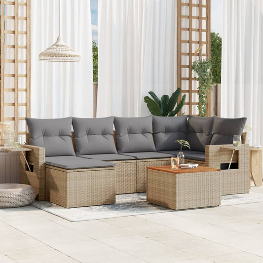 7-delige Loungeset met kussens poly rattan gemengd beige