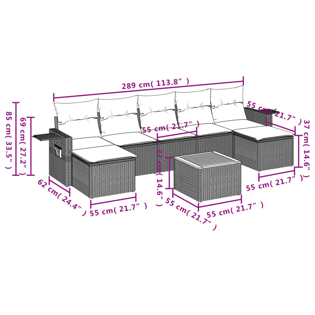 8-delige Loungeset met kussens poly rattan gemengd beige