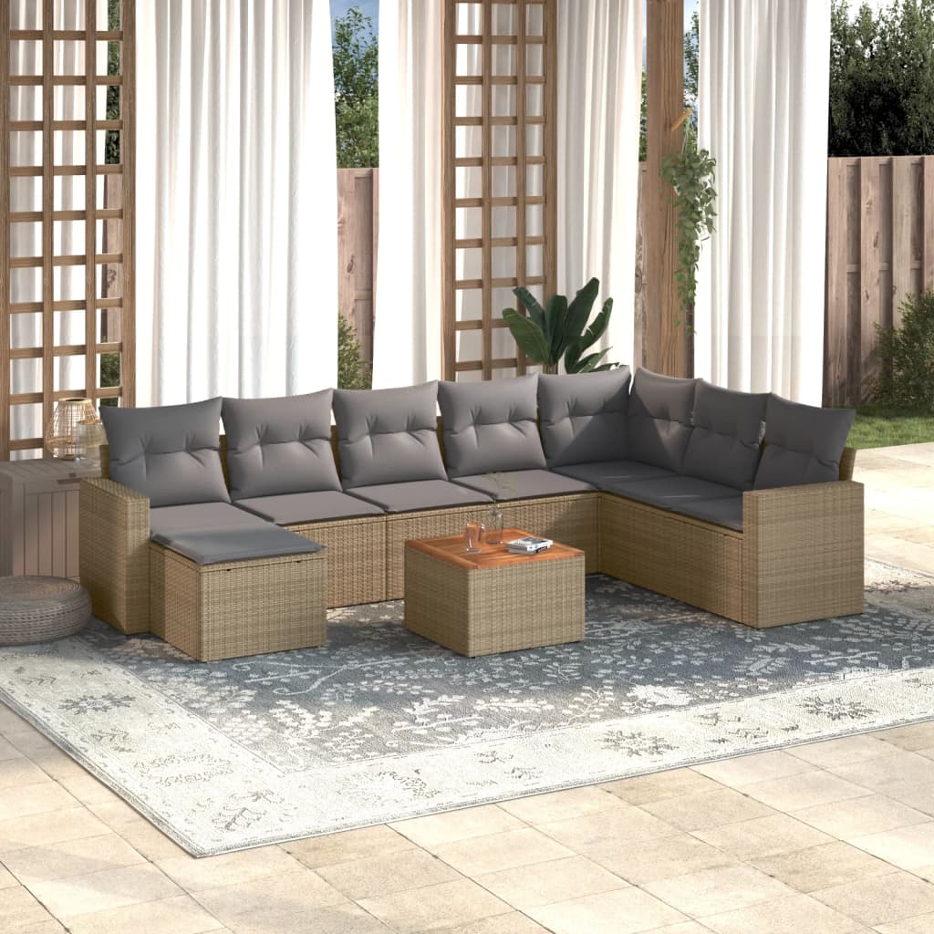 9-delige Loungeset met kussens poly rattan gemengd beige