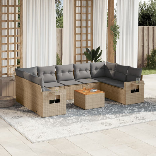 10-delige Loungeset met kussens poly rattan gemengd beige