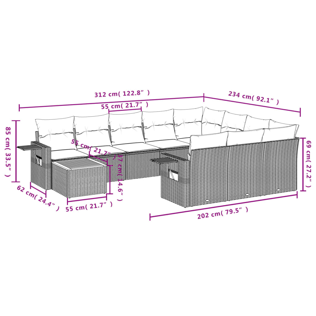 11-delige Loungeset met kussens poly rattan gemengd beige