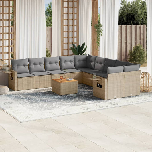 11-delige Loungeset met kussens poly rattan gemengd beige