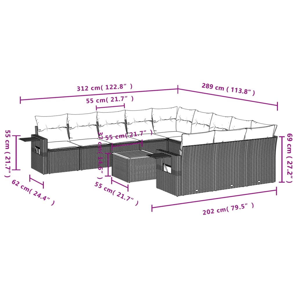 12-delige Loungeset met kussens poly rattan grijs Tuinsets | Creëer jouw Trendy Thuis | Gratis bezorgd & Retour | Trendy.nl