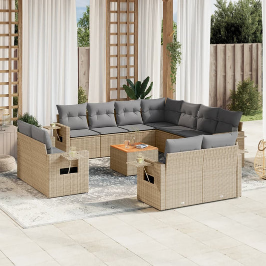 12-delige Loungeset met kussens poly rattan gemengd beige