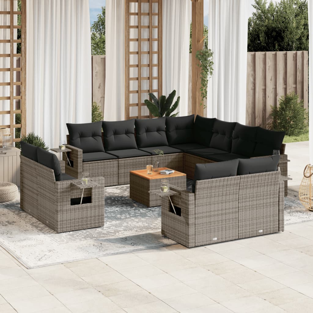 12-delige Loungeset met kussens poly rattan grijs