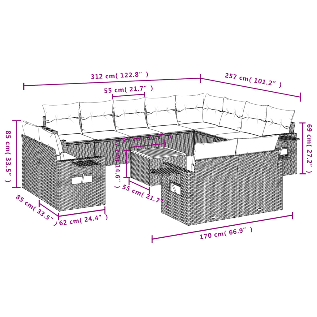 13-delige Loungeset met kussens poly rattan beige