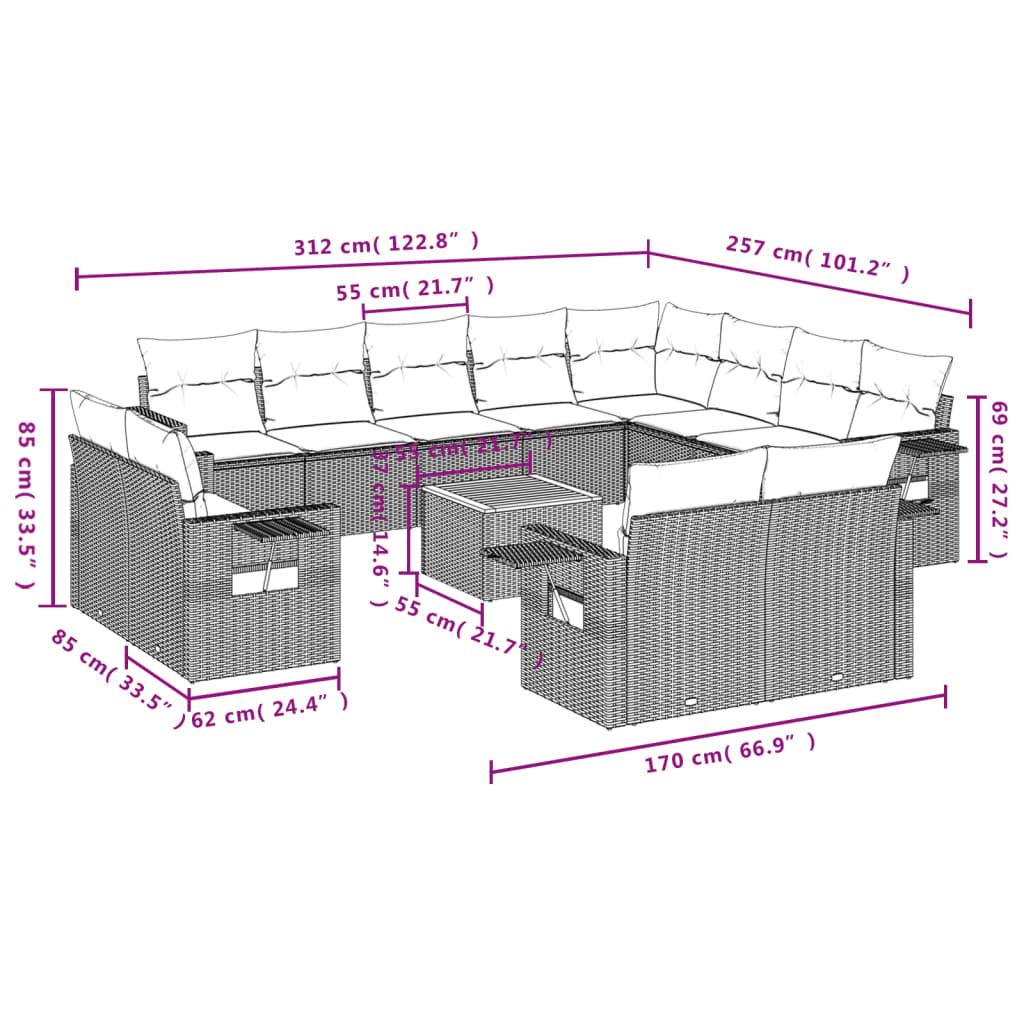 13-delige Loungeset met kussens poly rattan gemengd beige