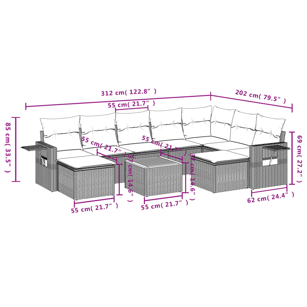 10-delige Loungeset met kussens poly rattan gemengd beige