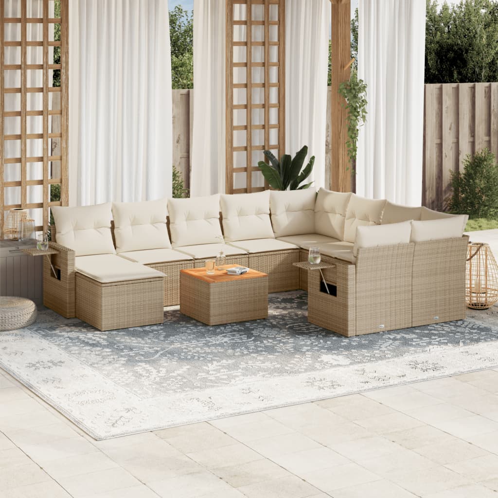 11-delige Tuinset met kussens poly rattan beige