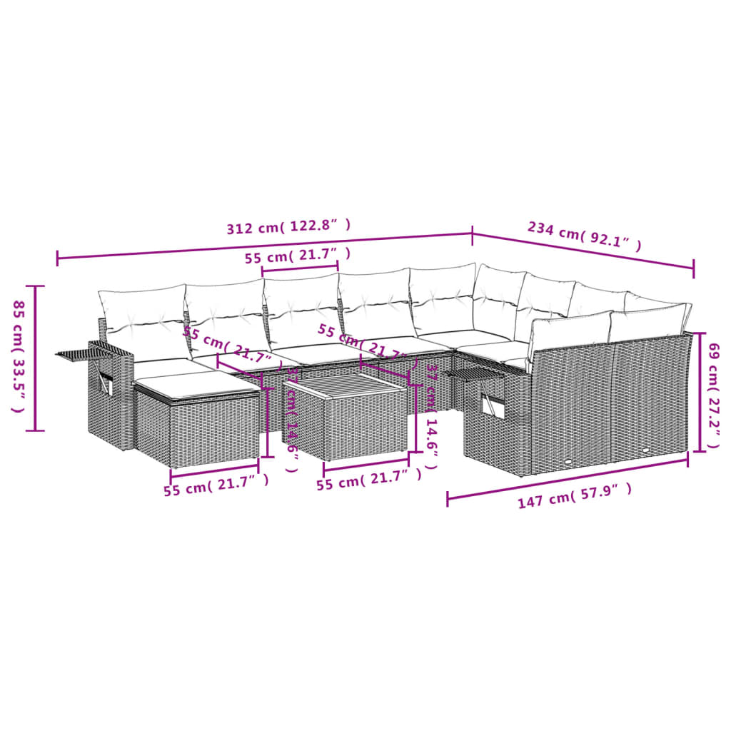 11-delige Loungeset met kussens poly rattan gemengd beige