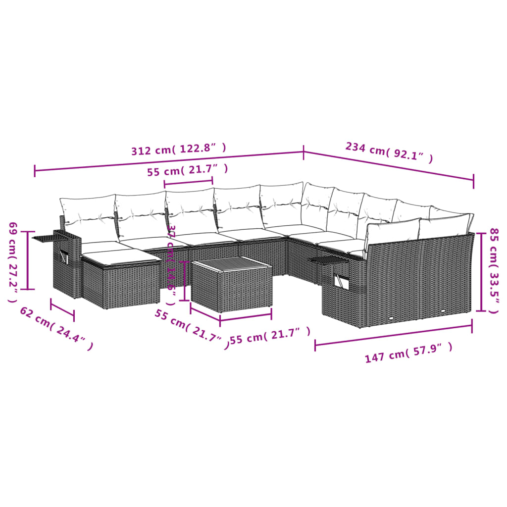 12-delige Loungeset met kussens poly rattan zwart Tuinsets | Creëer jouw Trendy Thuis | Gratis bezorgd & Retour | Trendy.nl