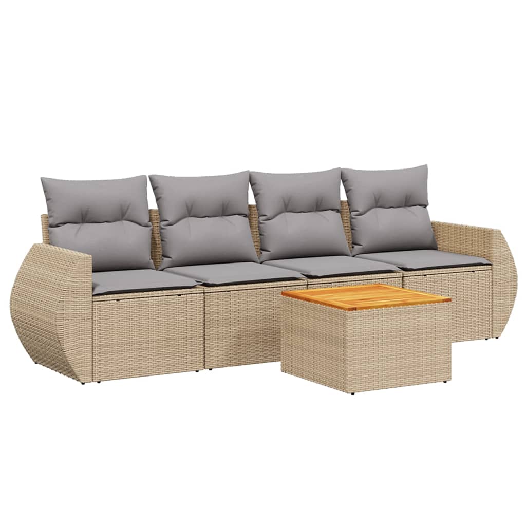 5-delige Loungeset met kussens poly rattan beige