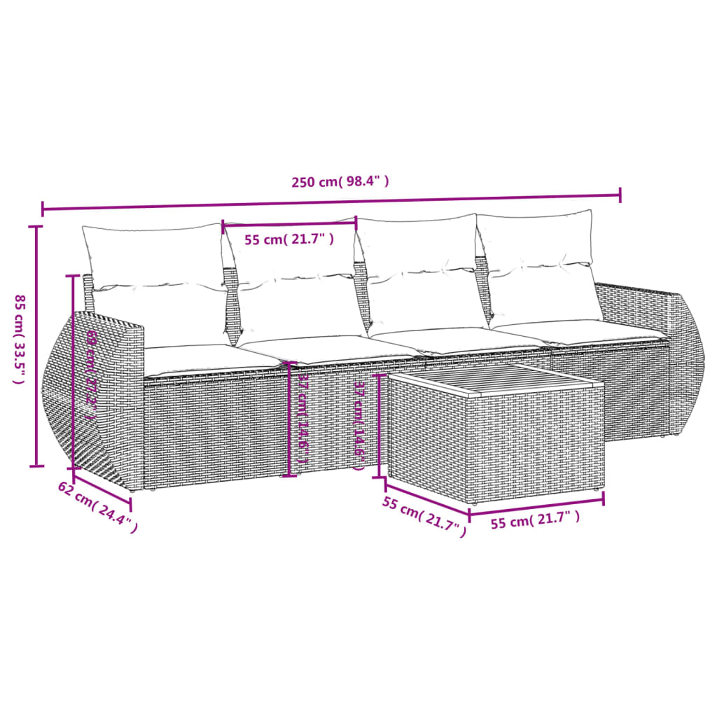 5-delige Loungeset met kussens poly rattan beige