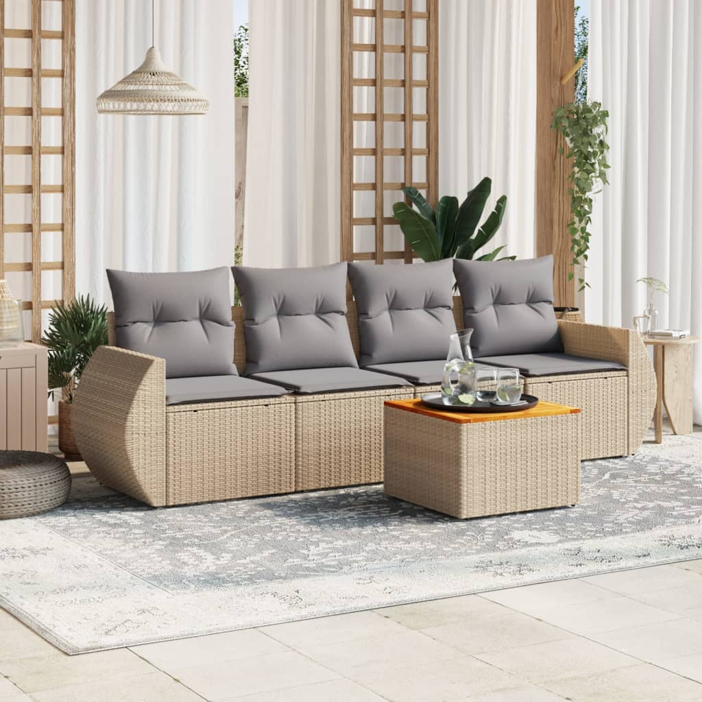 5-delige Loungeset met kussens poly rattan beige