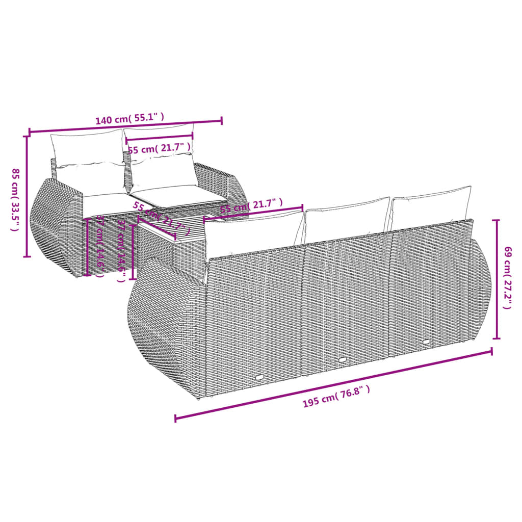 6-delige Loungeset met kussens poly rattan beige