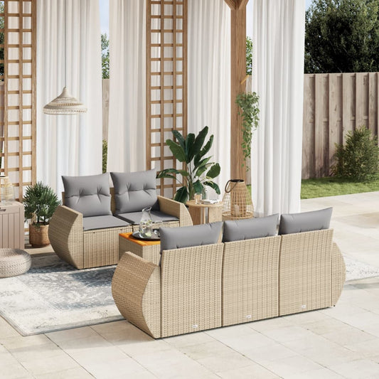 6-delige Loungeset met kussens poly rattan beige