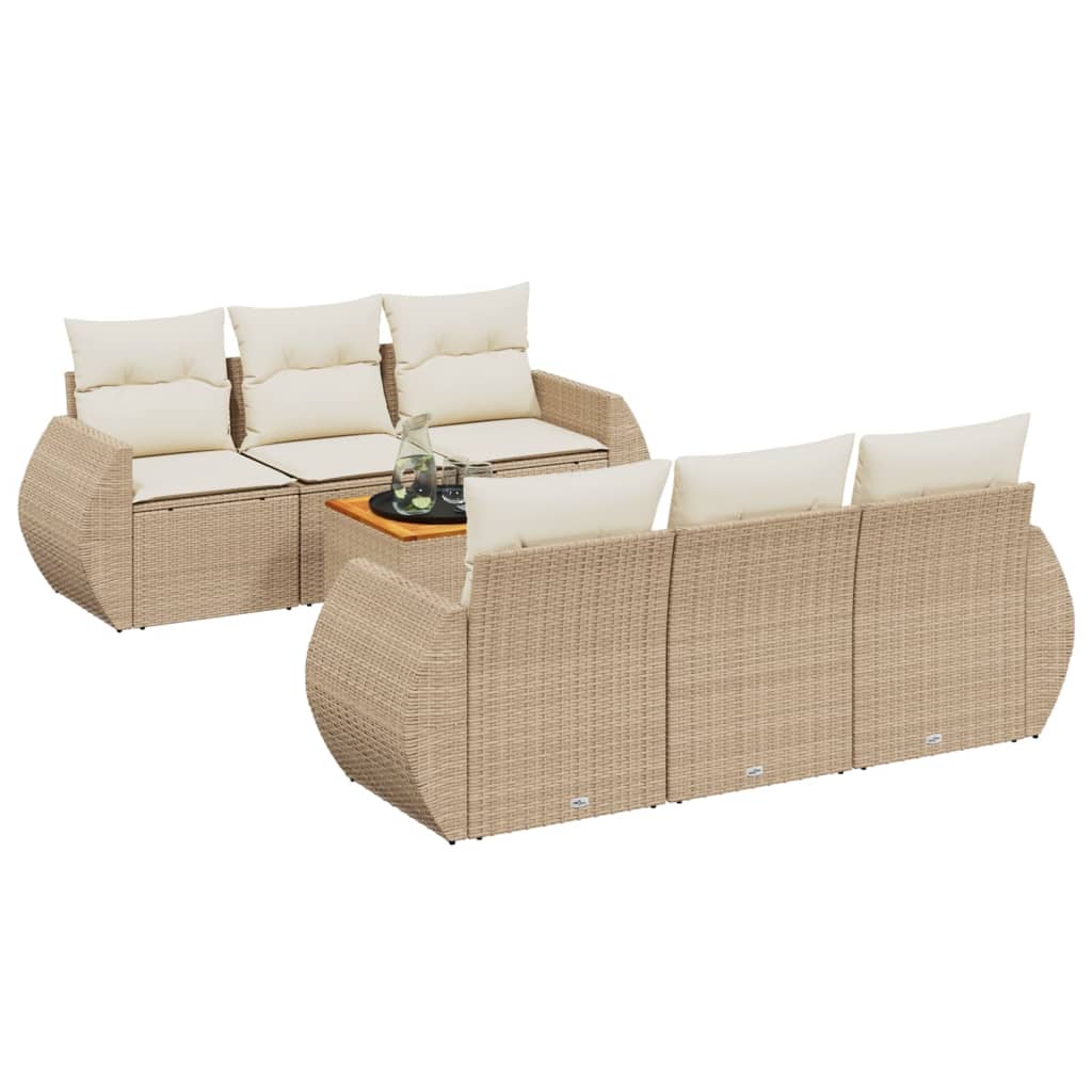 7-delige Loungeset met kussens poly rattan beige