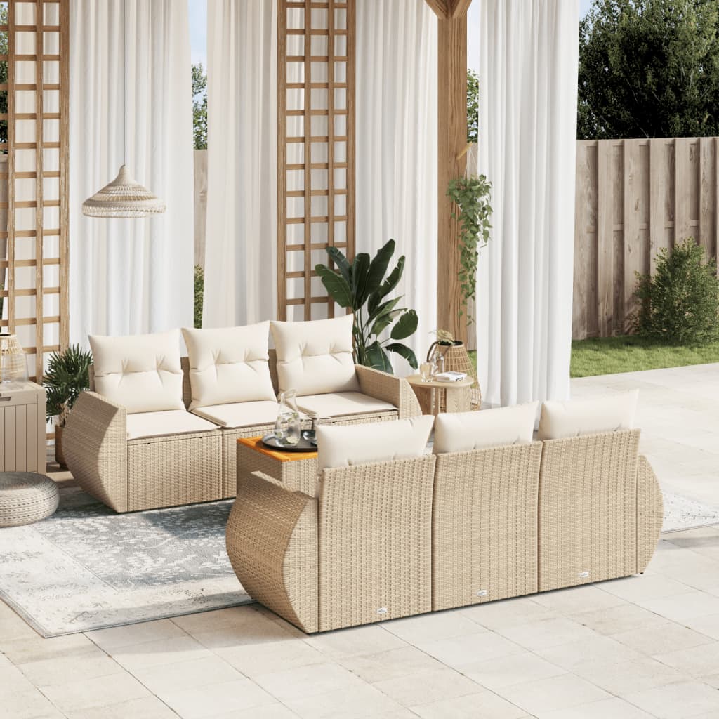 7-delige Loungeset met kussens poly rattan beige