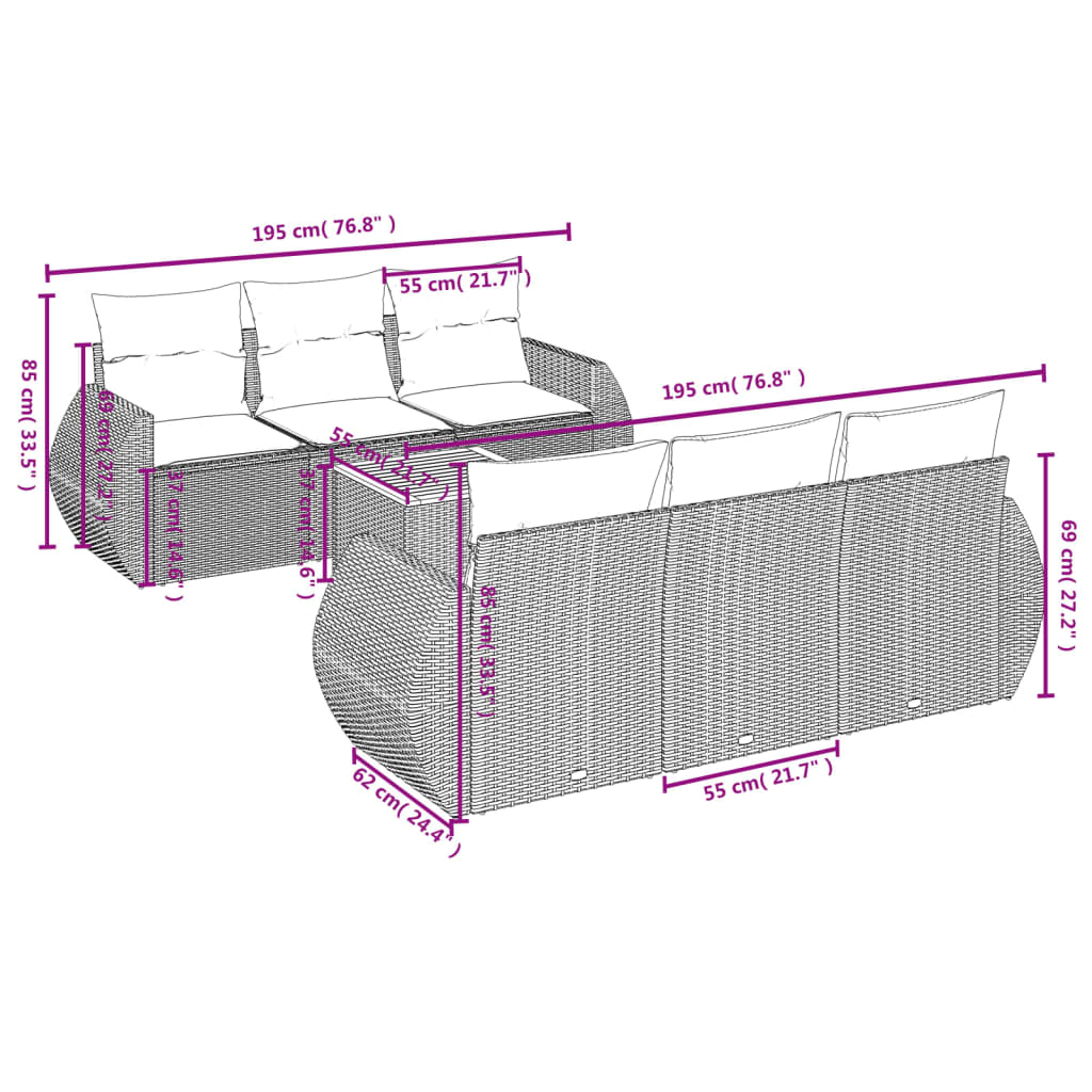 7-delige Loungeset met kussens poly rattan beige