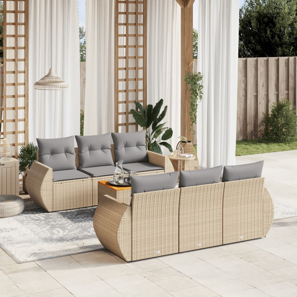 7-delige Loungeset met kussens poly rattan beige