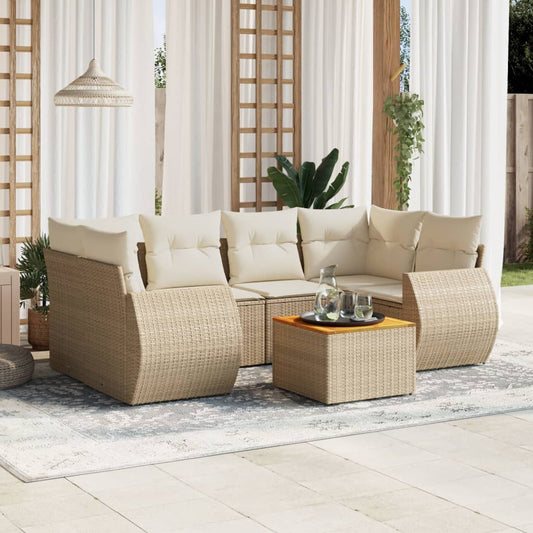 7-delige Loungeset met kussens poly rattan beige