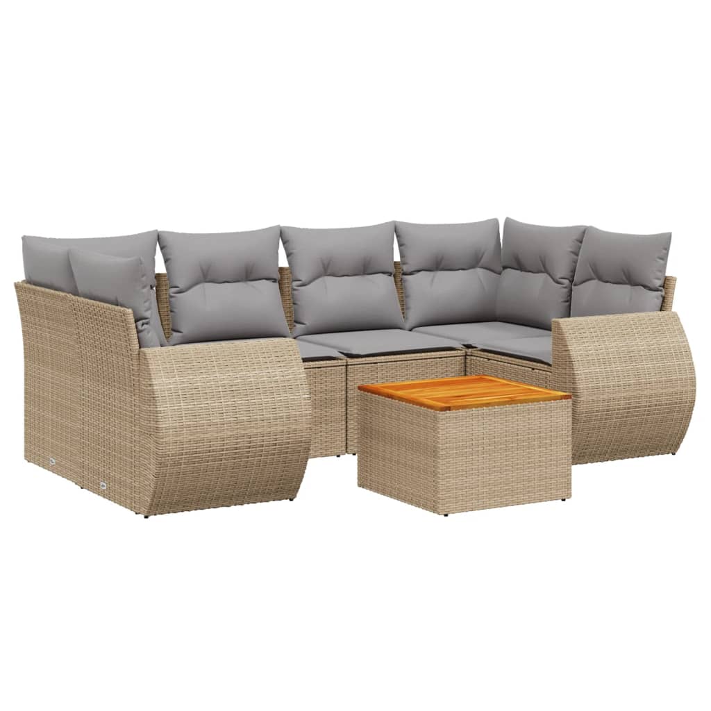 7-delige Loungeset met kussens poly rattan beige