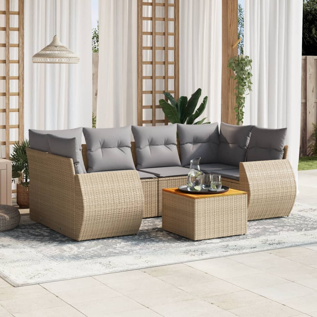 7-delige Loungeset met kussens poly rattan beige