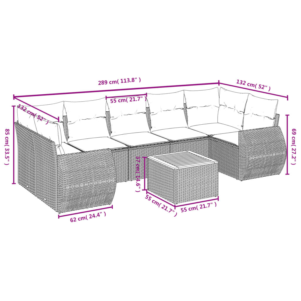 8-delige Loungeset met kussens poly rattan beige